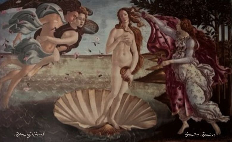 Angels blowing on a beautiful woman standing on a shell in Sandro Botticelli's famous Birth of Venus painting.
