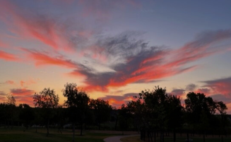 Red and gray clouds over dark trees.
