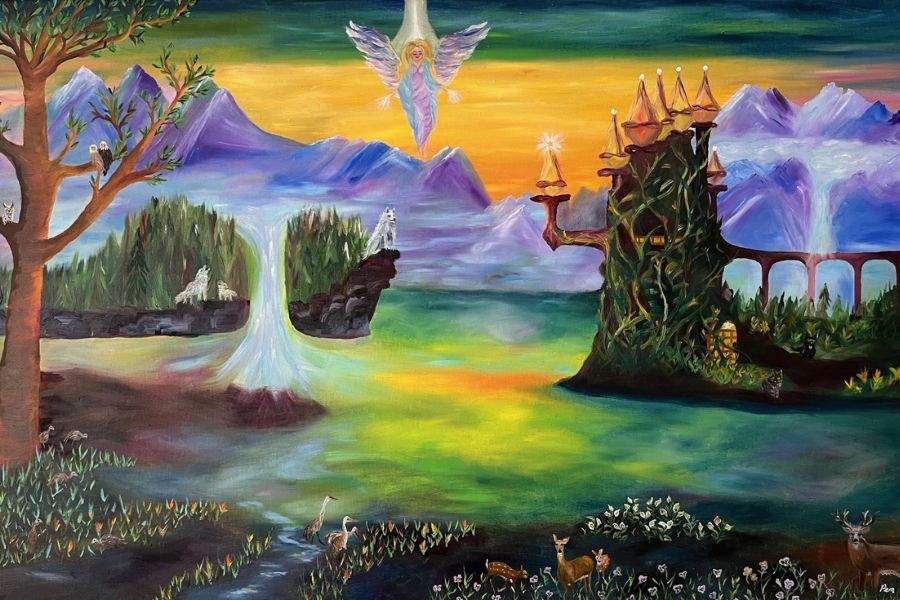 An angel giving blessings to nature with mountains, a castle, waterfalls, and animals.